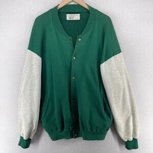 LL BEAN Jacket Men XL RUSSELL Varsity Fleece Snap Front Sweatshirt Green USA VTG
